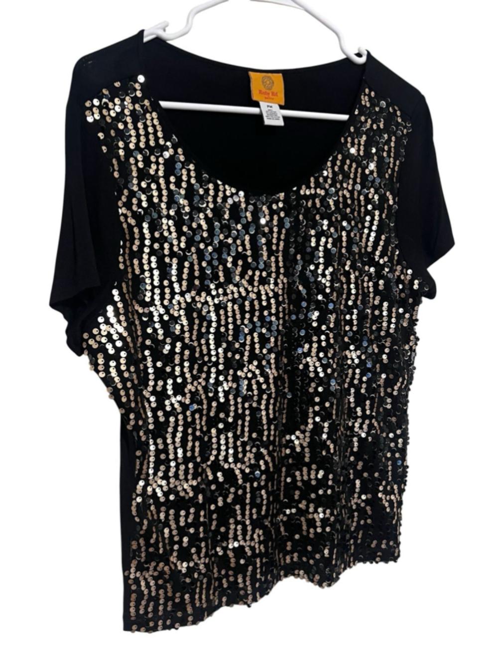 Sparkle Glam Sequin Party Top Women’s Medium Petite Black Gold Ruby Rd.